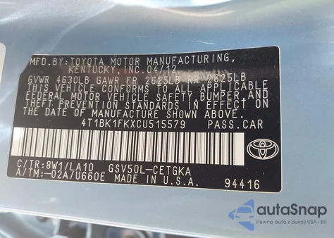 2012 Toyota Camry Se/Xle from USA, damaged, VIN 4T1BK1FKXCU515579